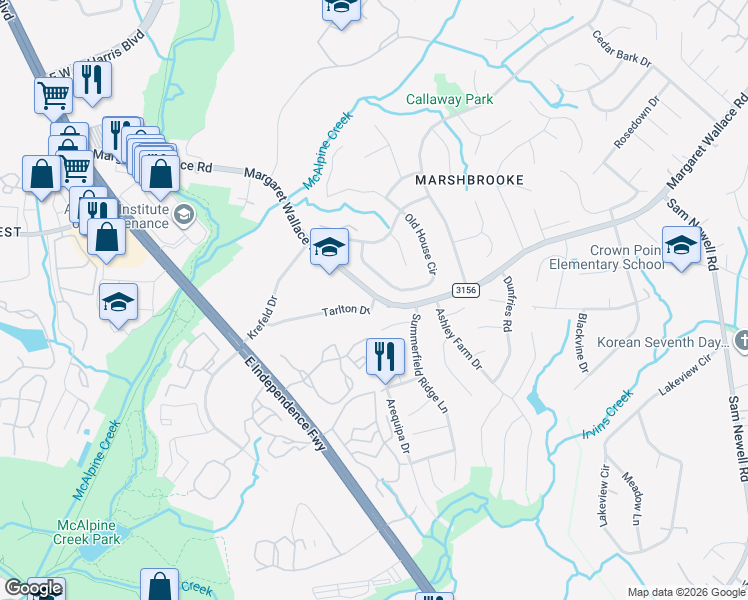 map of restaurants, bars, coffee shops, grocery stores, and more near 2308 Tarlton Drive in Matthews