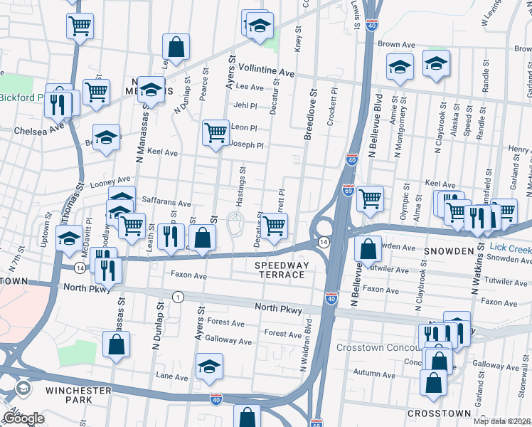 map of restaurants, bars, coffee shops, grocery stores, and more near 991 Lagrange Avenue in Memphis