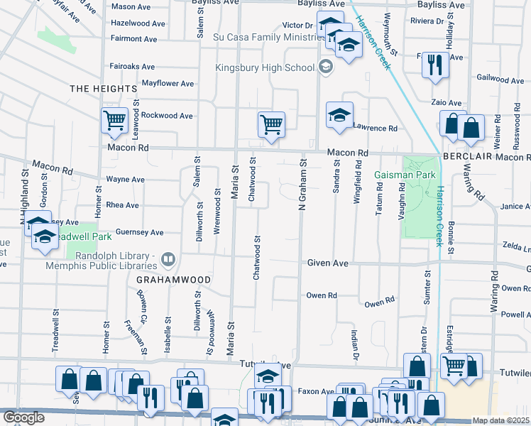 map of restaurants, bars, coffee shops, grocery stores, and more near 3933 South Rossiland Circle in Memphis