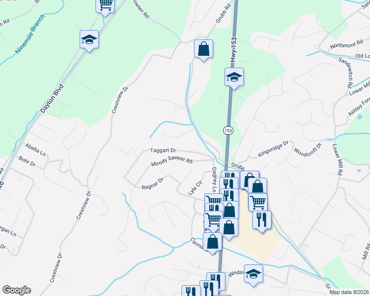 map of restaurants, bars, coffee shops, grocery stores, and more near 5826 Moody Sawyer Road in Chattanooga