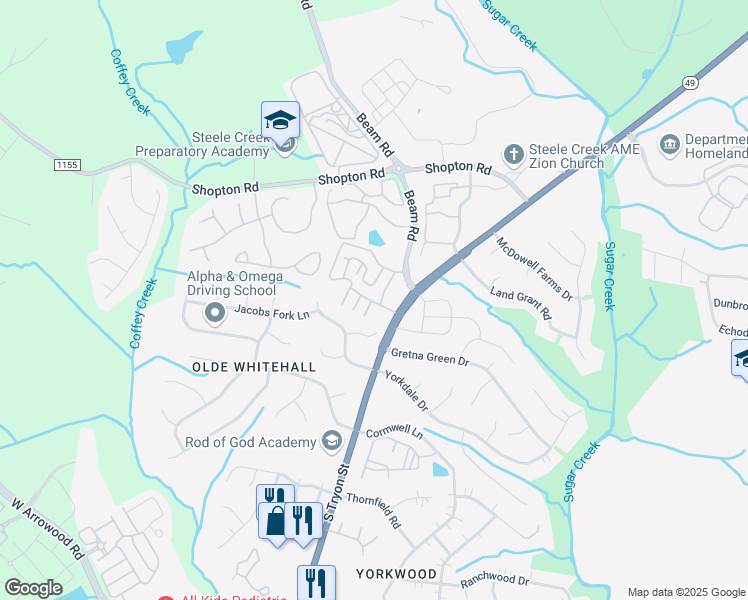 map of restaurants, bars, coffee shops, grocery stores, and more near 7100 Spring Creek Lane in Charlotte