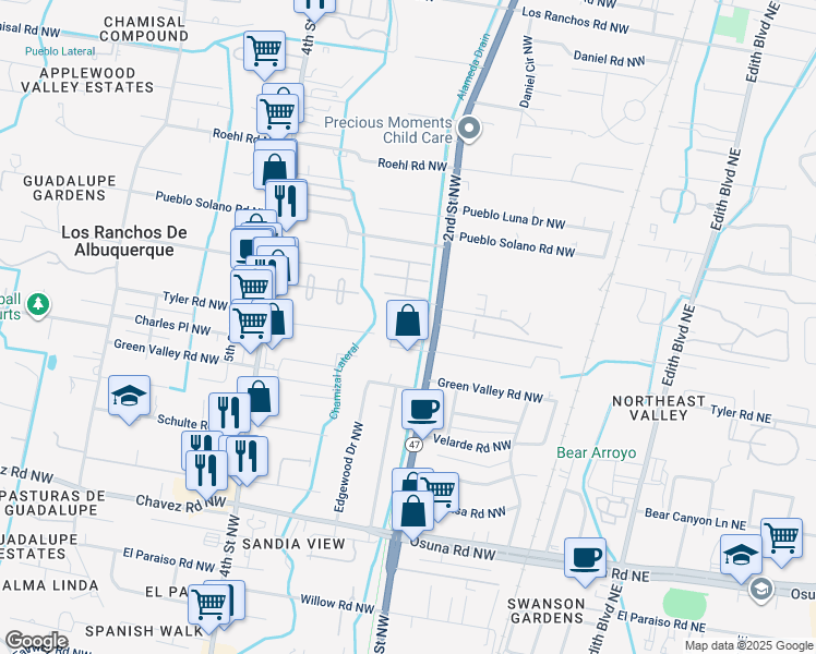 map of restaurants, bars, coffee shops, grocery stores, and more near 7009 2nd Street Northwest in Albuquerque