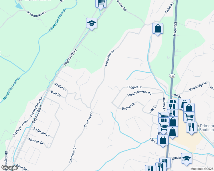 map of restaurants, bars, coffee shops, grocery stores, and more near 5700 Jana Lane in Chattanooga