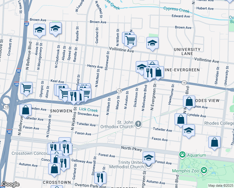 map of restaurants, bars, coffee shops, grocery stores, and more near 730 Maury Street in Memphis