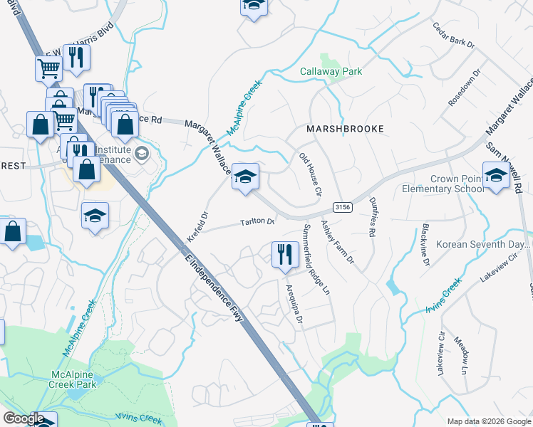 map of restaurants, bars, coffee shops, grocery stores, and more near 3209 Old House Circle in Matthews