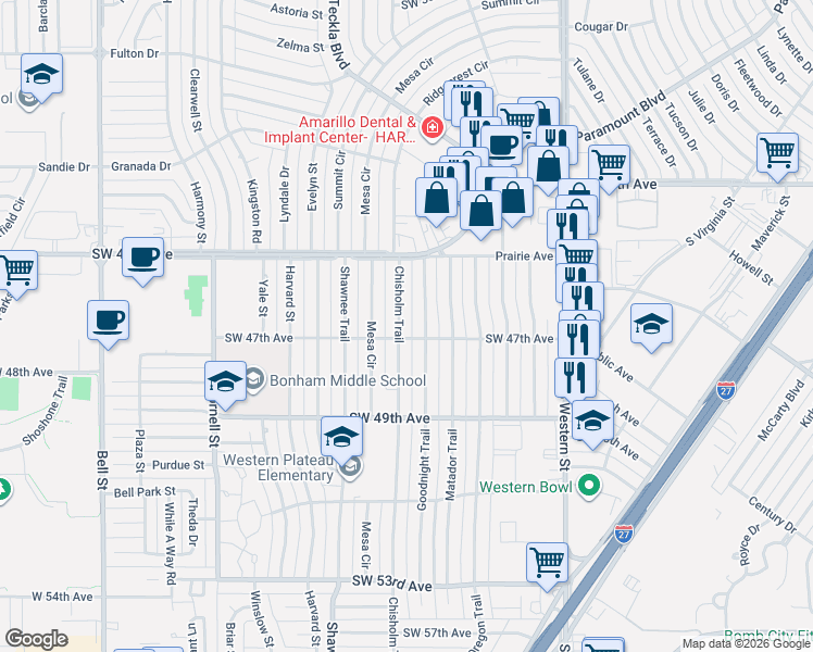 map of restaurants, bars, coffee shops, grocery stores, and more near 4514 Chisholm Trail in Amarillo
