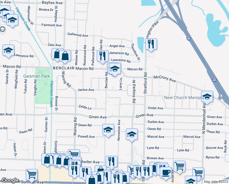 map of restaurants, bars, coffee shops, grocery stores, and more near 4510 Sandy Cove in Memphis