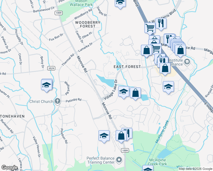map of restaurants, bars, coffee shops, grocery stores, and more near 8147 Woodscape Drive in Charlotte