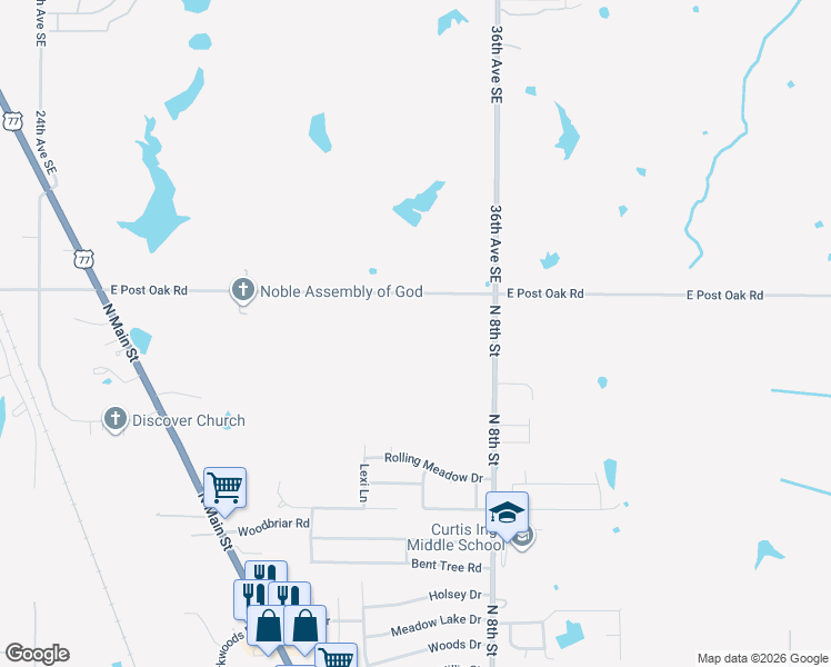 map of restaurants, bars, coffee shops, grocery stores, and more near 3353 Post Oak Road in Noble