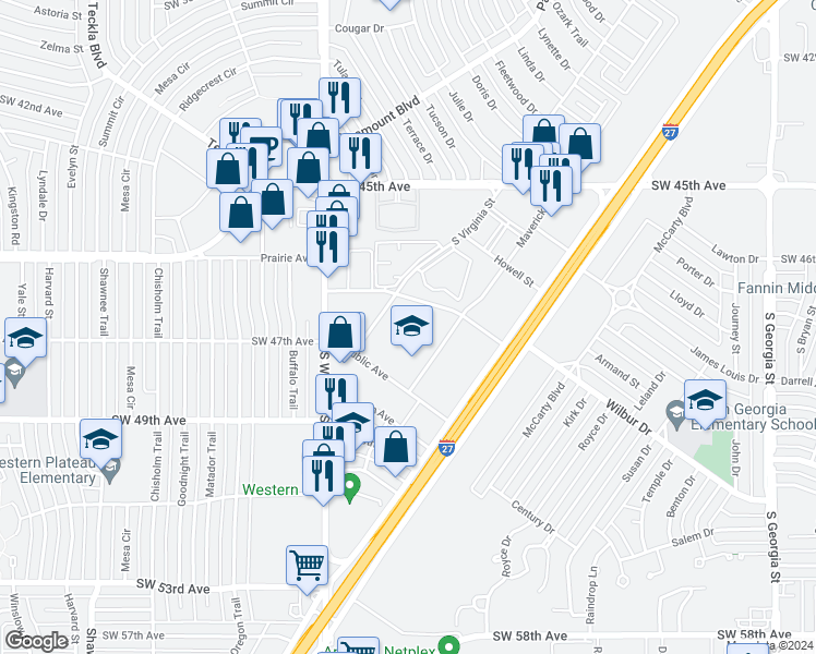map of restaurants, bars, coffee shops, grocery stores, and more near 190 Prairie Avenue in Amarillo