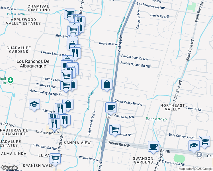 map of restaurants, bars, coffee shops, grocery stores, and more near 7043 2nd Street Northwest in Albuquerque
