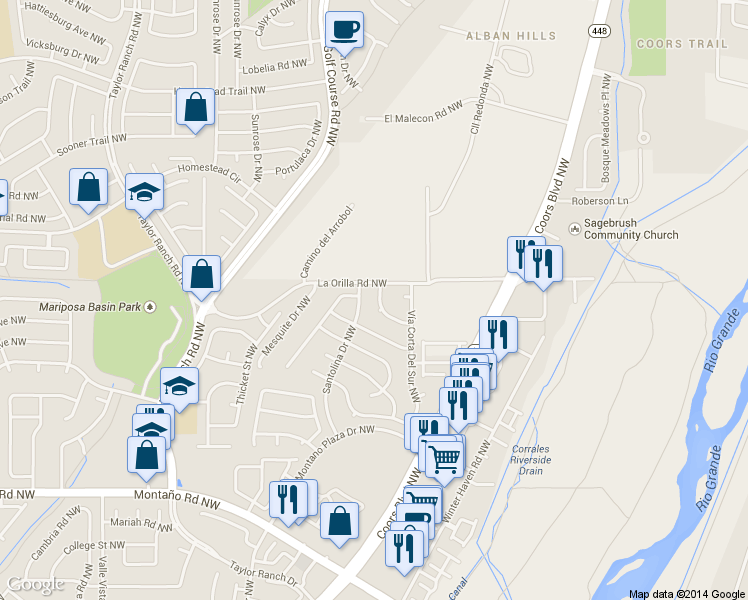 map of restaurants, bars, coffee shops, grocery stores, and more near 6416 Sumac Drive Northwest in Albuquerque