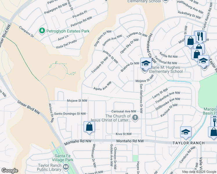 map of restaurants, bars, coffee shops, grocery stores, and more near 6125 Agate Avenue Northwest in Albuquerque