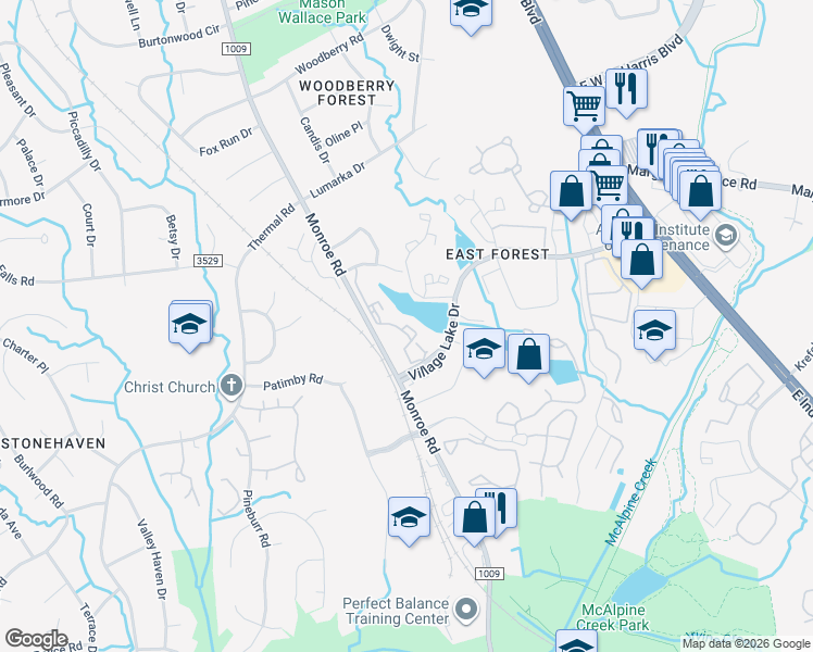 map of restaurants, bars, coffee shops, grocery stores, and more near 8077 Cedar Glen Drive in Charlotte