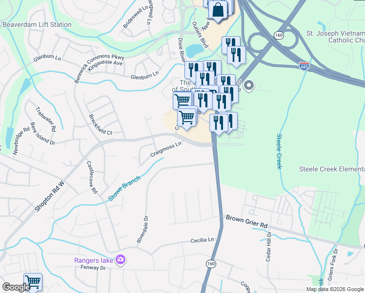 map of restaurants, bars, coffee shops, grocery stores, and more near 4821 Berewick Town Center Drive in Charlotte