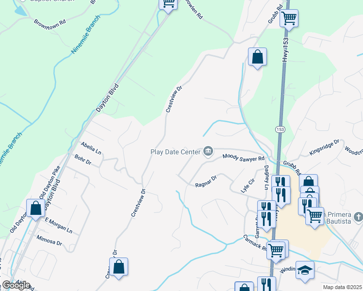 map of restaurants, bars, coffee shops, grocery stores, and more near 5721 Jana Lane in Chattanooga
