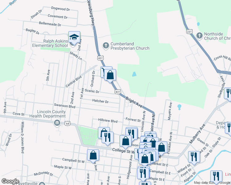 map of restaurants, bars, coffee shops, grocery stores, and more near 706 Tennessee 50 in Fayetteville