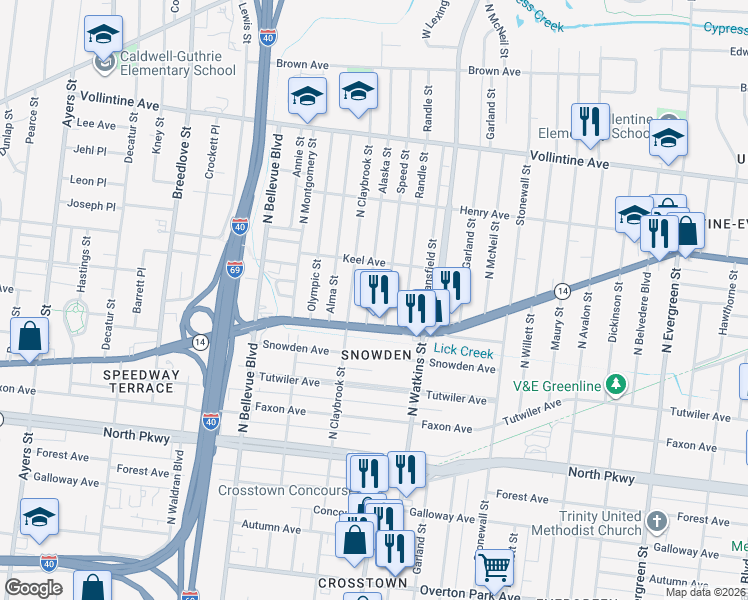 map of restaurants, bars, coffee shops, grocery stores, and more near 775 Speed Street in Memphis