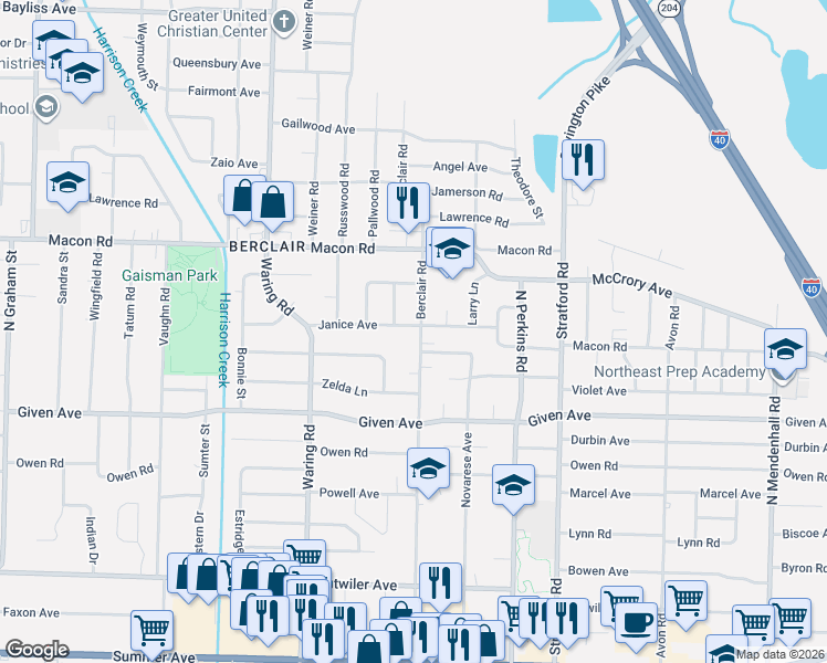 map of restaurants, bars, coffee shops, grocery stores, and more near 1051 Berclair Road in Memphis