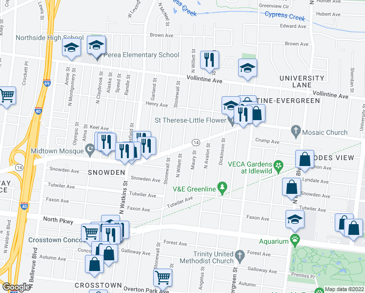 map of restaurants, bars, coffee shops, grocery stores, and more near Jackson Ave & N Willett St in Memphis