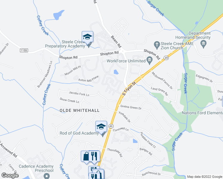 map of restaurants, bars, coffee shops, grocery stores, and more near 7009 Elm Hill Ct in Charlotte