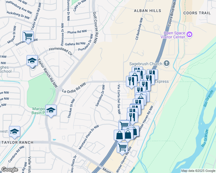 map of restaurants, bars, coffee shops, grocery stores, and more near 6416 Sumac Drive Northwest in Albuquerque