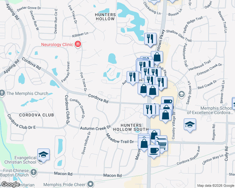 map of restaurants, bars, coffee shops, grocery stores, and more near 7898 Autumn Hollow Drive in Memphis