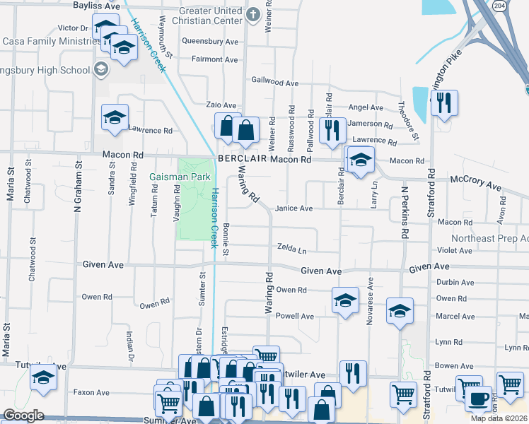 map of restaurants, bars, coffee shops, grocery stores, and more near 1044 Waring Road in Memphis
