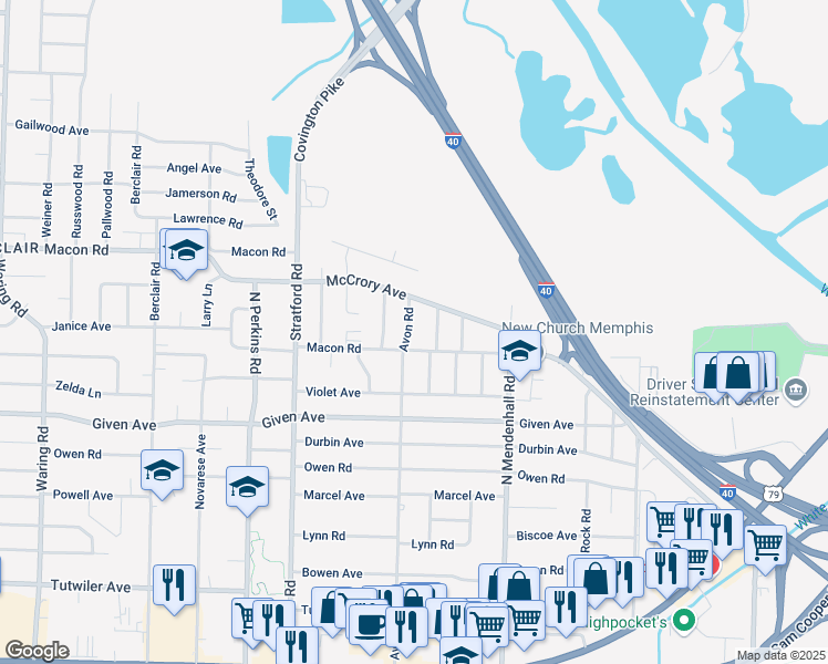 map of restaurants, bars, coffee shops, grocery stores, and more near 1030 Avon Road in Memphis