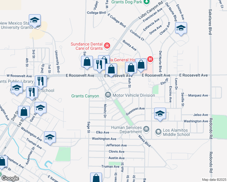 map of restaurants, bars, coffee shops, grocery stores, and more near 1109 Mesa Boulevard in Grants