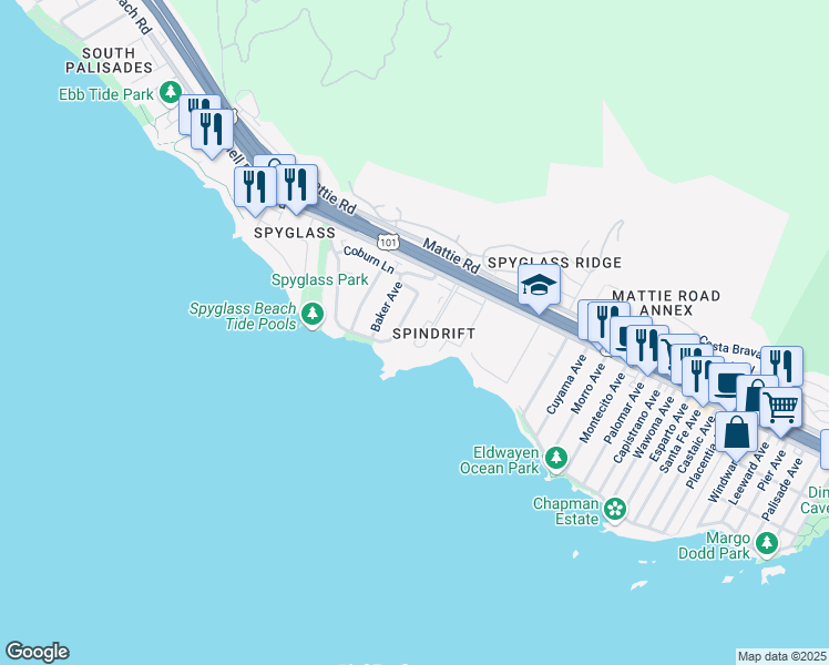 map of restaurants, bars, coffee shops, grocery stores, and more near 125 Park Place in Pismo Beach