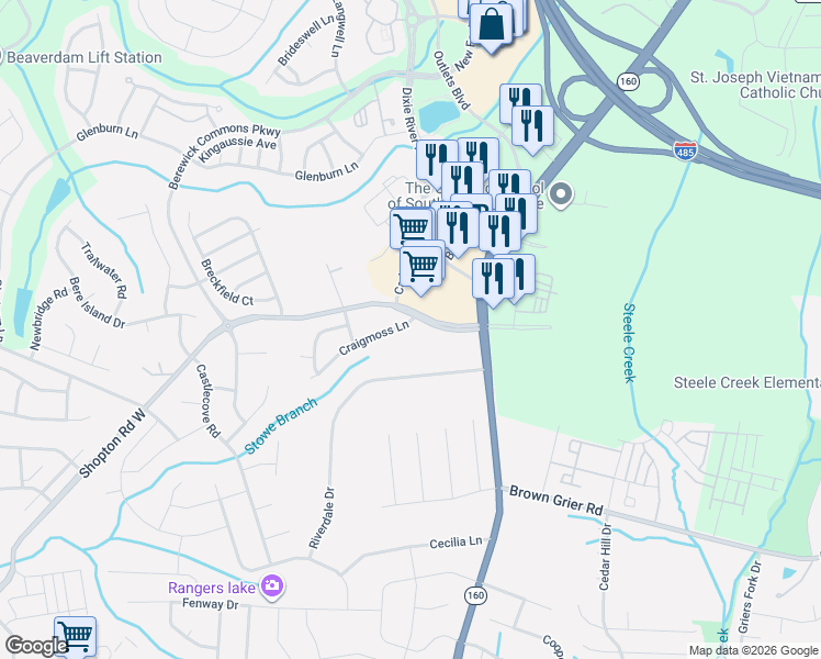 map of restaurants, bars, coffee shops, grocery stores, and more near 4821 Berewick Town Center Drive in Charlotte