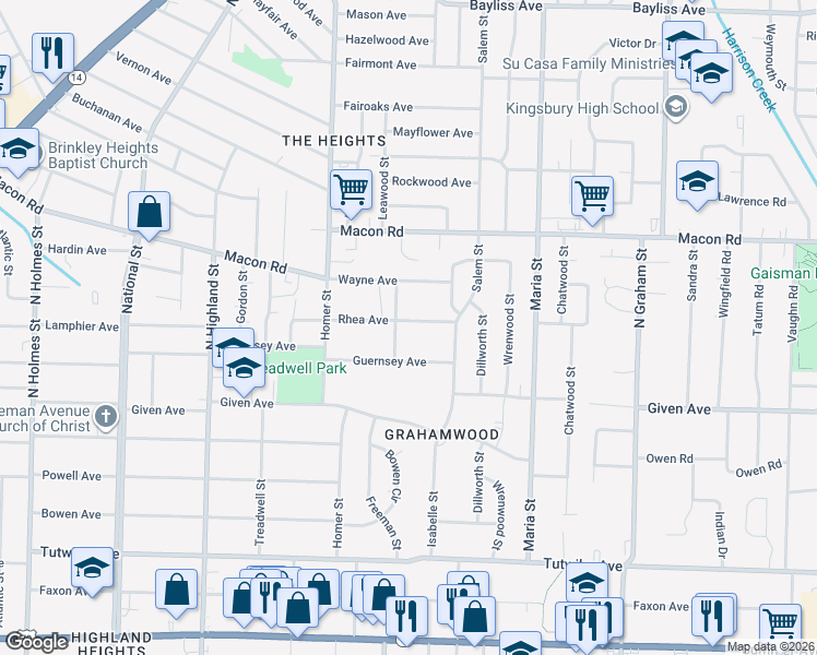 map of restaurants, bars, coffee shops, grocery stores, and more near 3706 Rhea Avenue in Memphis