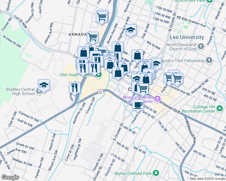 map of restaurants, bars, coffee shops, grocery stores, and more near 471 1st St SW in Cleveland