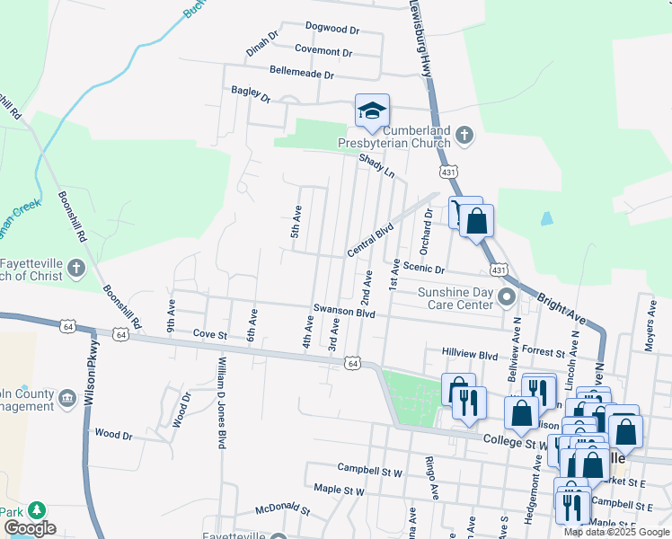 map of restaurants, bars, coffee shops, grocery stores, and more near 701 4th Avenue in Fayetteville