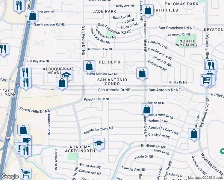 map of restaurants, bars, coffee shops, grocery stores, and more near 6501 San Antonio Drive Northeast in Albuquerque