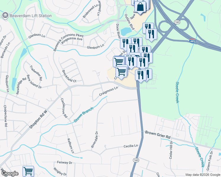 map of restaurants, bars, coffee shops, grocery stores, and more near 4546 Craigmoss Lane in Charlotte
