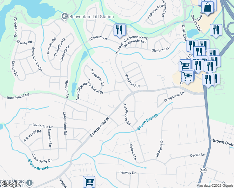 map of restaurants, bars, coffee shops, grocery stores, and more near 6303 Ballybay Drive in Charlotte