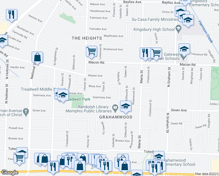 map of restaurants, bars, coffee shops, grocery stores, and more near 3752 Rhea Avenue in Memphis