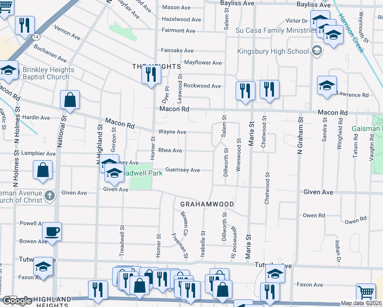 map of restaurants, bars, coffee shops, grocery stores, and more near 3706 Rhea Avenue in Memphis