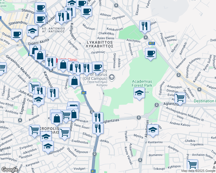map of restaurants, bars, coffee shops, grocery stores, and more near 75 Kallipoleos in Nicosia