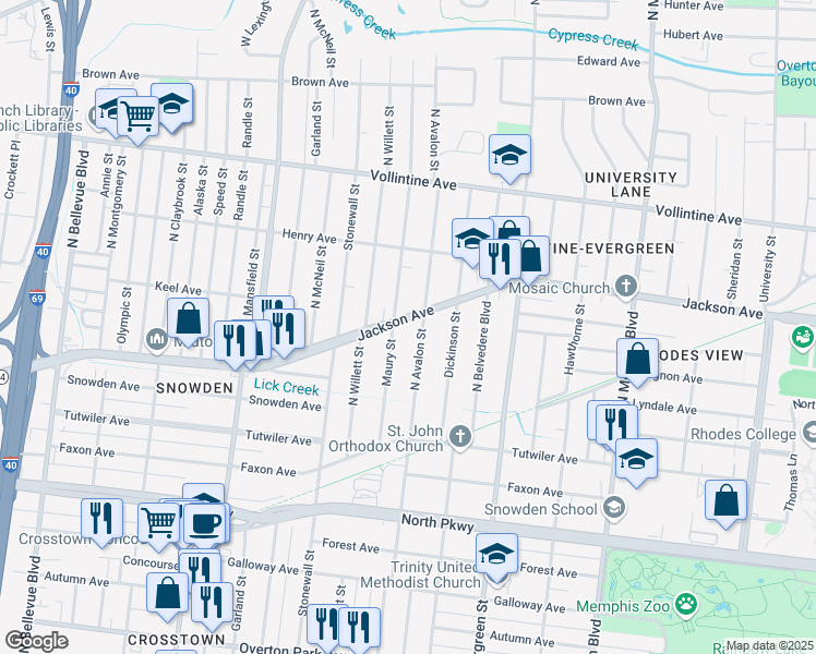 map of restaurants, bars, coffee shops, grocery stores, and more near 1585 Jackson Avenue in Memphis