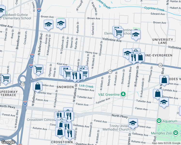 map of restaurants, bars, coffee shops, grocery stores, and more near 775 North McNeil Street in Memphis