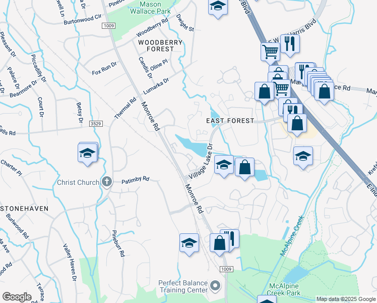 map of restaurants, bars, coffee shops, grocery stores, and more near 8151 Cedar Glen Drive in Charlotte