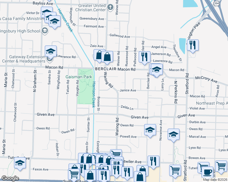 map of restaurants, bars, coffee shops, grocery stores, and more near 1044 Waring Road in Memphis