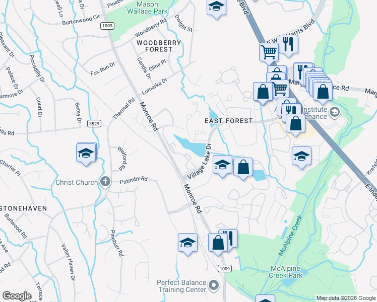map of restaurants, bars, coffee shops, grocery stores, and more near 8077 Cedar Glen Drive in Charlotte