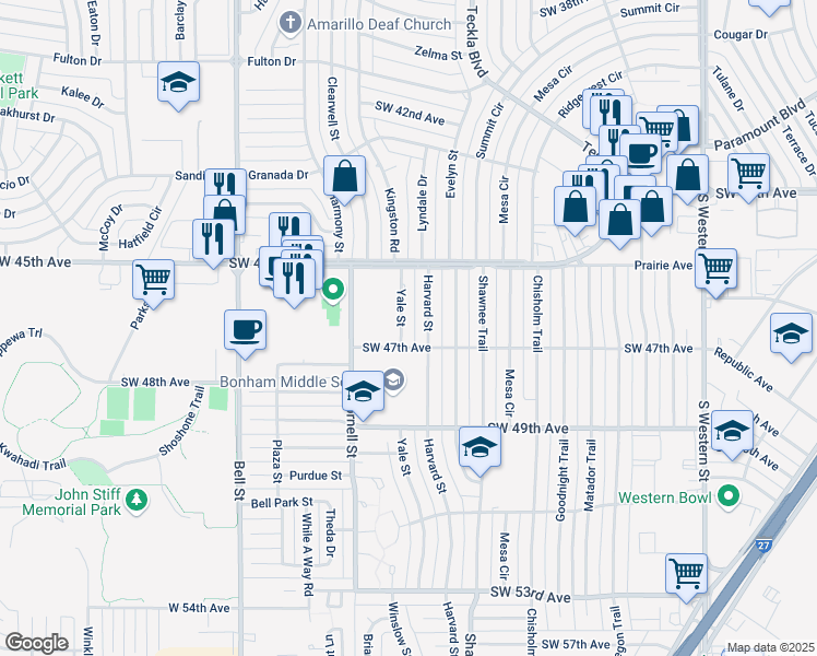 map of restaurants, bars, coffee shops, grocery stores, and more near 4512 Harvard Street in Amarillo