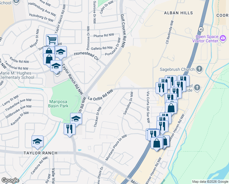 map of restaurants, bars, coffee shops, grocery stores, and more near 6340 Mesquite Drive Northwest in Albuquerque