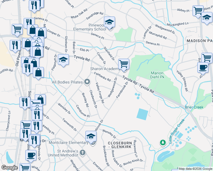 map of restaurants, bars, coffee shops, grocery stores, and more near 834 Fairbanks Road in Charlotte