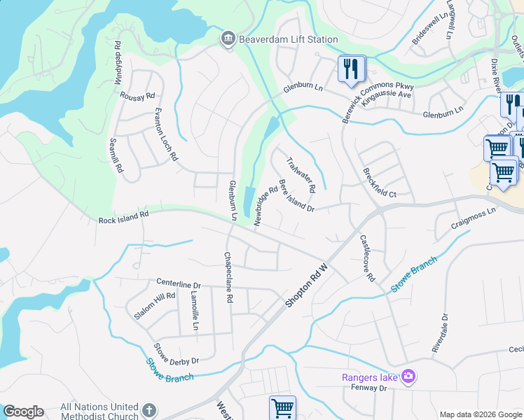map of restaurants, bars, coffee shops, grocery stores, and more near 10337 Newbridge Road in Charlotte
